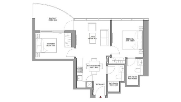 Apartment floor plan, 2 bedrooms in Aquamont No. 11009 (2D)