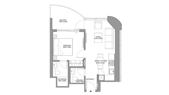 Apartment floor plan, 1 bedroom in Aquamont No. 11007 (2D)